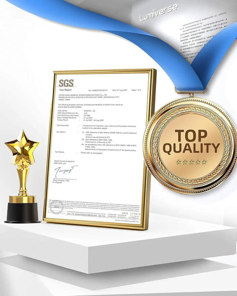 Certificate of quality assurance next to a gold medal and trophy, emphasizing top quality.