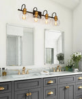 4 Light Modern Farmhouse Vanity Light Fixture In Black With Oil Rubbed Bronze Finish And Clear Globe Glass Shades 29.5 Inch Bar Design