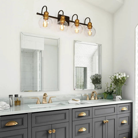 4 Light Modern Farmhouse Vanity Light Fixture In Black With Oil Rubbed Bronze Finish And Clear Globe Glass Shades 29.5 Inch Bar Design