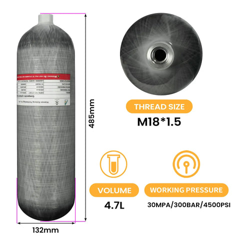 Carbon Fiber Air Tank 4.7L 4500 PSI With PCP Filling Regulator Valve For PCP Air Rifles Scuba Gear M18x1.5-6H Thread Empty Bottle CE EN Approved Not DOT 3 Year Inspection Cycle, side and top view with dimensions and pressure details