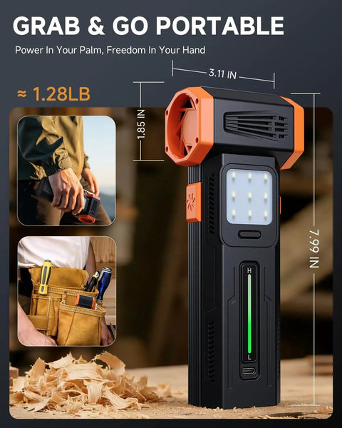 Portable view of Beast 430G Hurricane Airflow Electric Air Duster with 40MM Brushless Motor, shown in a hand and tool bag