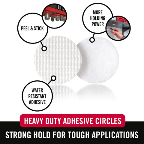 Ultra Tough Industrial Hook And Loop Fasteners With Stick-On Adhesive For Indoor Outdoor Use One And Seven Eighths Inch Circular Pads Pack Of Four Heavy-Duty Hold For Tools Cables And Gear showing heavy-duty adhesive circles.