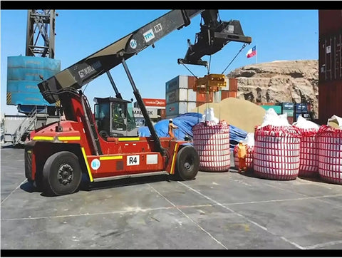 Forklift handling large sacks, illustrating use of Beefy Heavy Duty Cargo Lifting Net 1.5 By 1.5 Meters Flat Sling Hoisting Net