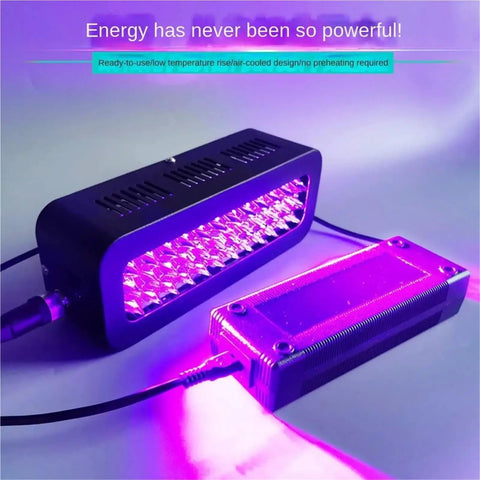 Pro Grade Heavy Duty LED UV Curing Bar For PCB Varnish Optical Glue Heat Sensitive Resin 365Nm 395Nm 405Nm Cold Non Heating Setup 1080W illuminated with purple light.