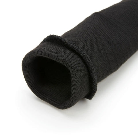 Hardcore Cut Resistant Arm Sleeves Built Tough With Real Dupont Kevlar Fiber For Serious Shop And Mat Drills heavy duty black sleeve close-up.