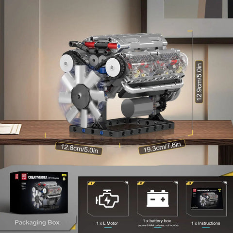 V8 Engine Model Kit With Electric Motor And Battery Box 535 Piece DIY STEM Mechanics Engineering Set displayed on desk