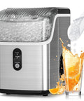 Countertop Nugget Ice Maker With Chewable Pellet Ice 34 Lbs Per 24 Hours Self Cleaning No Fuss One Click Operation Sonic Ice Like Pebble Ice For Chewing Ice In Kitchen Or Office Stainless Steel Silver with orange drink splash