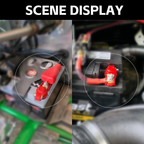 Universal Car Battery Terminal Connector Kit with pure copper terminals and plastic covers installed on car battery.