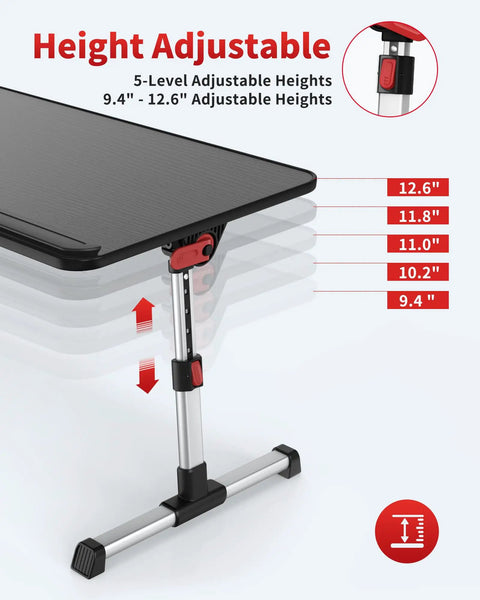 Adjustable Laptop Desk Table With Foldable Legs Portable Lap Desk showing height settings from 9.4 to 12.6 inches