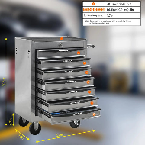 21 Inch Lockable Steel Tool Chest Rolling Garage Cabinet With Smooth As Silk Ball Bearing Slides, Brake Caster Wheels That Park It Straight, Heavy Duty Workshop Storage Organizer Built Different For Gear with 8 drawers.