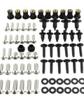 Full Fairing Bolts Kit For ZX10R 2011 2018 Motorcycle With CNC Machined Screws And Hardware, Kickass Vibration Dampening Fasteners, Reusable High Quality Assortment For Reliable Bike Fit And Stable Ride. Set of black and silver fairing bolts, washers, and clips