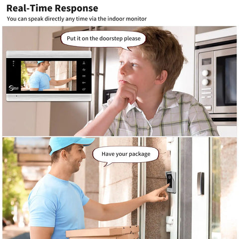 Smart Video Intercom System With 7 Inch WiFi Doorbell Monitor 1080P HD Camera showing delivery interaction with child on monitor