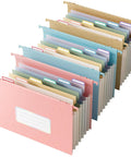 Wheat Straw Expanding Hanging File Folders Sort Your Mess Without The Hassle Featuring Smooth Glide Pockets Perfect For Letter Size Documents in pink, blue, and tan.