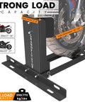 Heavy Duty Universal Motorcycle Wheel Chock For Trailer Or Garage Use No Fuss Capable Of Handling 2000 Lbs, adjustable, foldable, black.