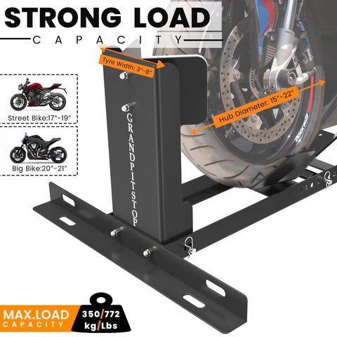 Heavy Duty Universal Motorcycle Wheel Chock For Trailer Or Garage Use No Fuss Capable Of Handling 2000 Lbs, adjustable, foldable, black.