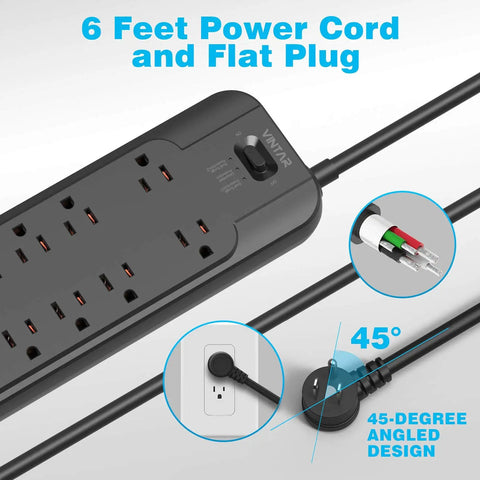 Dual 4800 Joule Surge Protector Power Strip With 12 Outlets, 6ft Flat Plug Cord, black, shown with angled plug design