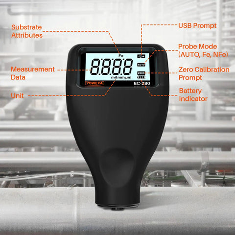 Paint Thickness Gauge Pro Grade for Cars Digital Coating Meter 0 to 2500 Micrometers Car Paint Tester for Used Car Inspections Auto Detailing and Body Shops Measures Coating Thickness with 1 Micrometer Resolution Plus or Minus Three Percent Accuracy. Black handheld gauge display