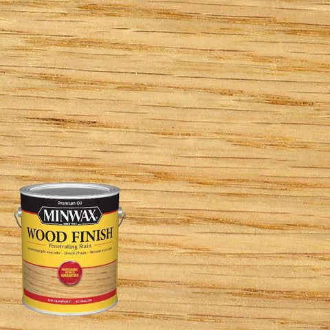 Premium Oil Based Wood Stain In Warm Natural Tone For Cabinetry And Furniture Quick Drying Formula in a can on wooden background.