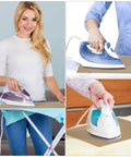 Collage of individuals using 20 Pack Teflon Sheets For Heat Press And Ironing with various irons, showcasing heat resistant properties.