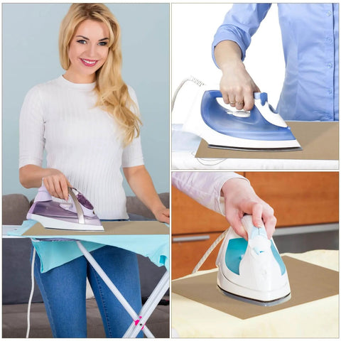 Collage of individuals using 20 Pack Teflon Sheets For Heat Press And Ironing with various irons, showcasing heat resistant properties.