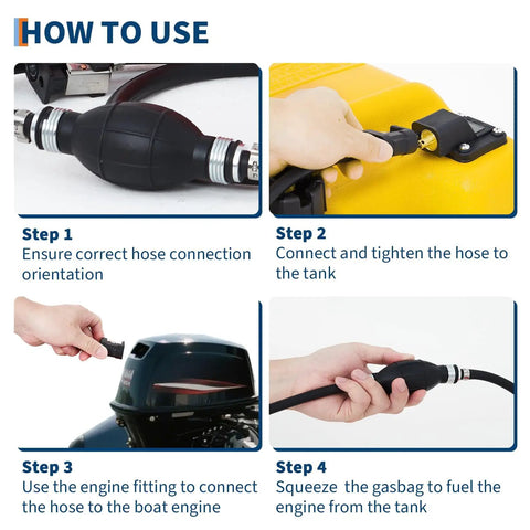 Beefy Portable Tank With Line For Generators And Marine Use 6.34 Gallon 24 L showing step-by-step fuel tank connection process