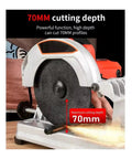 Close-up of Top Shelf Mini Table Saw And Profile Cutting Machine showing 70mm cutting depth for precise cuts.