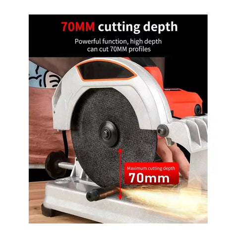 Close-up of Top Shelf Mini Table Saw And Profile Cutting Machine showing 70mm cutting depth for precise cuts.