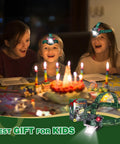 Kids wearing Kids Dinosaur Themed LED Headlamp With T Rex Design, Glowing Eyes And Roaring Sound Effects at a birthday party