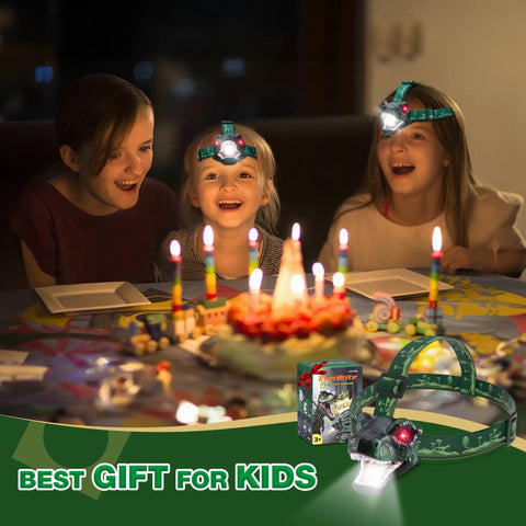 Kids wearing Kids Dinosaur Themed LED Headlamp With T Rex Design, Glowing Eyes And Roaring Sound Effects at a birthday party
