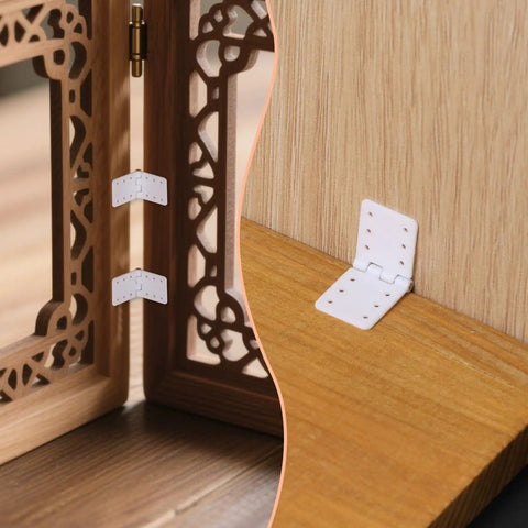 Hinge on decorative wooden frame, showcasing split view for interior and exterior installation applications.