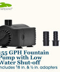 Image of 155 GPH Fountain Pump With Low Water Shutoff And Auto Shutoff To Prevent Burnout For Small Fountains And Hydroponics, 3 Feet Pumping Height, Quiet, No Fuss, Built To Last, Easy Install, showing front view and adapters included.