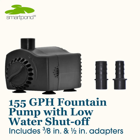 Image of 155 GPH Fountain Pump With Low Water Shutoff And Auto Shutoff To Prevent Burnout For Small Fountains And Hydroponics, 3 Feet Pumping Height, Quiet, No Fuss, Built To Last, Easy Install, showing front view and adapters included.