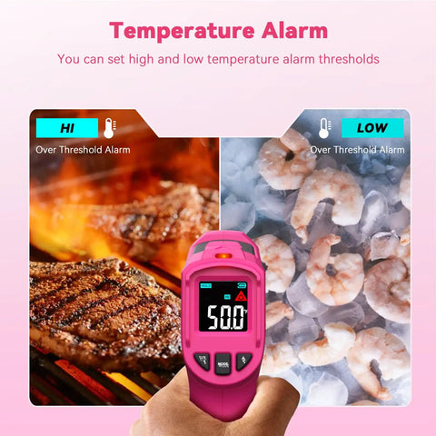Your Go To Infrared Thermometer Gun Non Contact Digital Temperature Meter measuring steak and shrimp temperatures