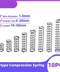 Ten Pack Cylindroid Helical Return Coil Springs 15mm Outer Diameter By 1.0mm Wire Gauge For Heavy Duty Industrial Machinery And Precision Engineering Projects displayed in various heights.