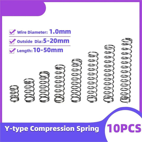 Ten Pack Cylindroid Helical Return Coil Springs 15mm Outer Diameter By 1.0mm Wire Gauge For Heavy Duty Industrial Machinery And Precision Engineering Projects displayed in various heights.