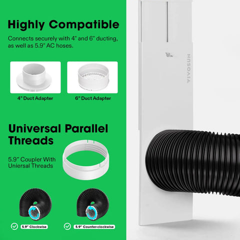 All In One Window Vent Kit For Portable ACs And Dryers, showing 4 and 6 inch duct adapters, 5.9 inch coupler and hose