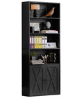 Industrial Bookshelf With Doors, 6 Tier Floor Standing Bookcase, featuring a vintage black frame with decorative items and storage.