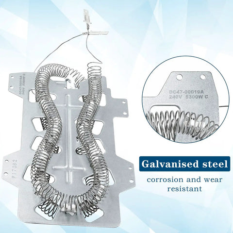 2 Pack Dryer Heating Element Replacement DC47-00019A Direct Fit For DV45H7000EW A2; galvanized steel NiCr coil shown