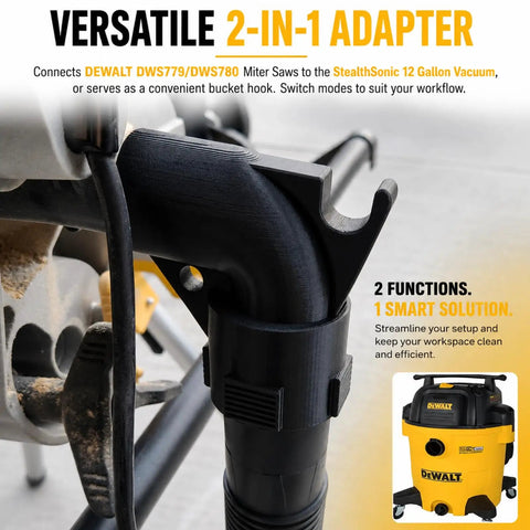 Close-up of dual mode dust collector adapter on saw; fits DWS780/DWS779; gravity drop or vacuum mode for suction and dust control.