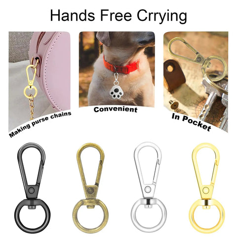 Heavy Duty Swivel Lobster Clasp Half Inch Zinc Alloy Hook For Purses Bags Lanyards Keys 12 Pack displayed in various uses.