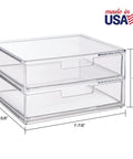 Clear Drawer Organizer With Four Wide Drawers For Office, Kitchen, Beauty, Makeup, Pens And Jewelry Storage Solution, Space Saving, Durable BPA Free Plastic, Stackable, Made In USA with product dimensions labeled.