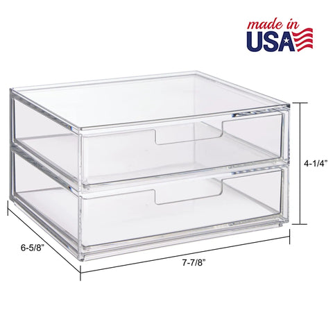 Clear Drawer Organizer With Four Wide Drawers For Office, Kitchen, Beauty, Makeup, Pens And Jewelry Storage Solution, Space Saving, Durable BPA Free Plastic, Stackable, Made In USA with product dimensions labeled.