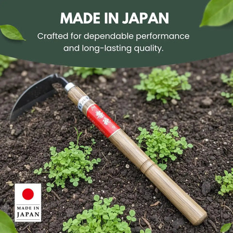 Hounen Miyawaki Japanese Weeding Sickle Twisted Stainless Kama Weeder with 4.7 Inch Blade and 13 Inch Wood Handle in garden soil
