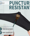 Top Shelf Black Nitrile Disposable Gloves 5 Mil Heavy Duty Textured Grip Powder Free Latex Free For Grunt Work Medical Care Kitchen Cleanup 100 Count X Large being stretched to show puncture resistance.