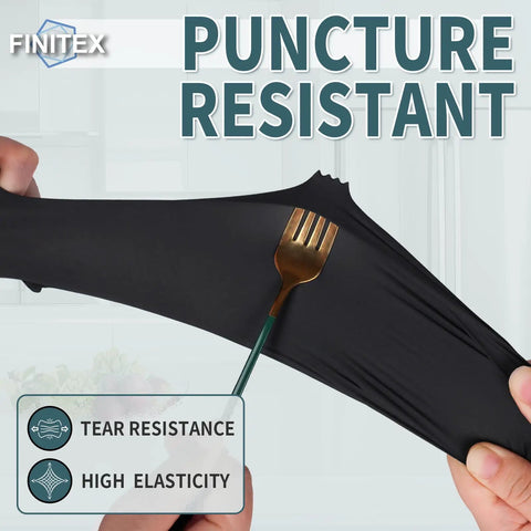 Top Shelf Black Nitrile Disposable Gloves 5 Mil Heavy Duty Textured Grip Powder Free Latex Free For Grunt Work Medical Care Kitchen Cleanup 100 Count X Large being stretched to show puncture resistance.