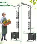 Woman holding planter with flowers near 8.2ft Garden Arch With Planters And No Fuss Self Watering Boxes On Wheels, 99x82 inches.