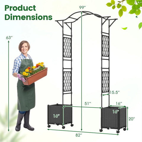 Woman holding planter with flowers near 8.2ft Garden Arch With Planters And No Fuss Self Watering Boxes On Wheels, 99x82 inches.