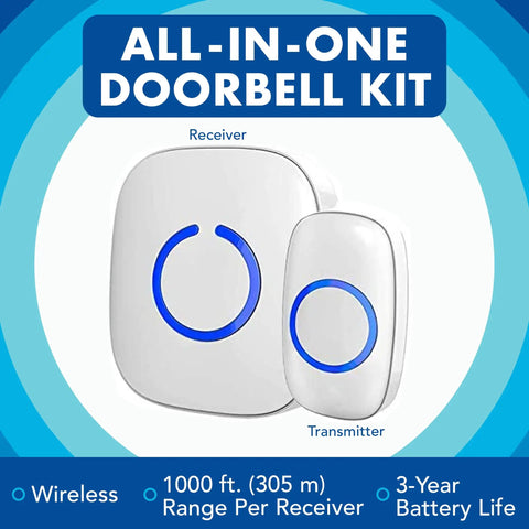 Wireless Doorbell System for Home With 1000 Feet Range Battery Operated LED Flash Includes Two Door Bell Ringers and One Plug In Chime Receiver Easy Setup No Hassle Matte Black, showing receiver and transmitter with blue accent on packaging.