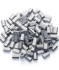 1/16 Inch Aluminum Wire Rope Ferrules Loop Sleeves Crimping Set 200 Pieces For Cable Crimps Pro Grade Aluminum With Easy Lock Ends To Lock Tight Using Pliers Or Vise Smooth Clean Crimps On Small Diameter Rope, pile of aluminum ferrules