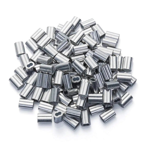 1/16 Inch Aluminum Wire Rope Ferrules Loop Sleeves Crimping Set 200 Pieces For Cable Crimps Pro Grade Aluminum With Easy Lock Ends To Lock Tight Using Pliers Or Vise Smooth Clean Crimps On Small Diameter Rope, pile of aluminum ferrules